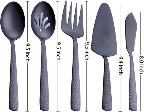 FULLYWARE Matte Black Large Serving Utensil Set, 5-Piece Stainless Steel Hostess Set with Spoon, Fork, and Knife