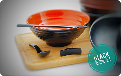 12 Pieces Ramen Set: 4 Black Spoons, 4 Chopsticks, 4 Stand Rest, Unbreakable Melamine for Japanese and Chinese Food