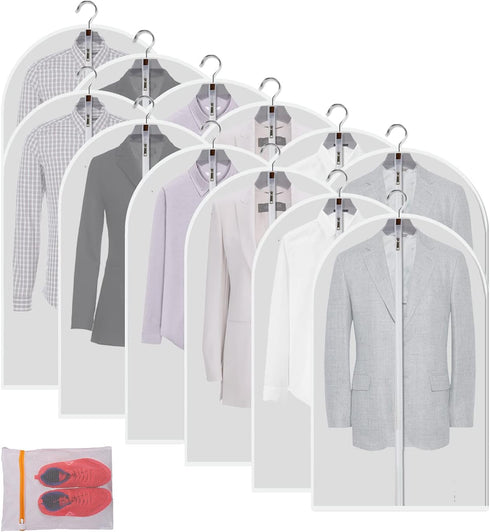 Clear Garment Bags, Set of 12 Plastic Clothes Covers for Dust Protection, Hanging Clothes Bags with Zipper
