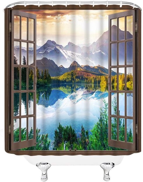 AMFD Mountain Shower Curtain, 70" W x 70" H, Nature Lake Forest Scenery, Wilderness Landscape Fabric Bathroom Decor Set