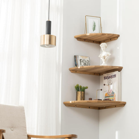 7inch Corner Shelf, Solid Oak Wood Floating Corner Shelf Wall Mount Round End Floating Speaker Shelves with Wire Hole