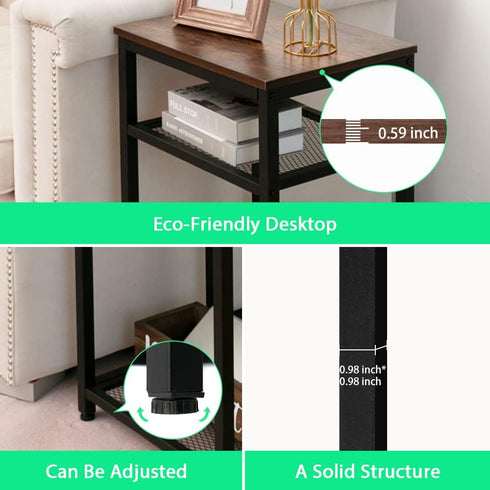 2-Tier Side Table with Mesh Shelves, Open Shelves Small End Table, Industrial Wood Look Night Stand with Metal Frame