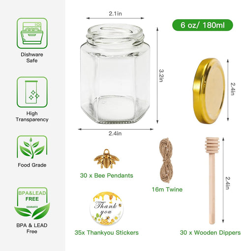 6 oz 30 Pack BIGIVACA Mini Honey Jars - Hexagon Glass Jars with Wood Dippers, Gold Lids, Bee Pendants, Jutes, Stickers