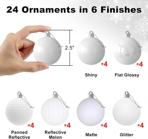 Set of 24pcs White 2.5" Shatterproof Christmas Balls Ornaments for Holiday, Birthday, Halloween, Wedding Decorations