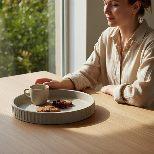 12in 100% Decorative Tray for Coffee Table Tray Decor, Gray Solid Concrete Decorative Round Tray for Kitchen, Living