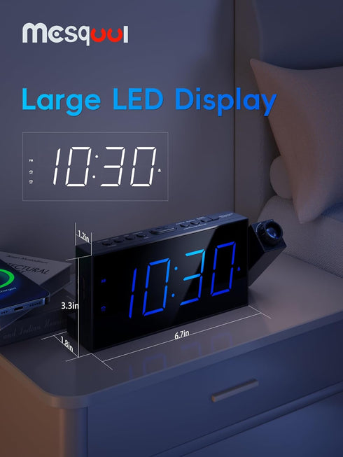 Mesqool Projection Alarm Clock - Loud Vibrating Alarm Clock for Heavy Sleepers with USB Charging Port