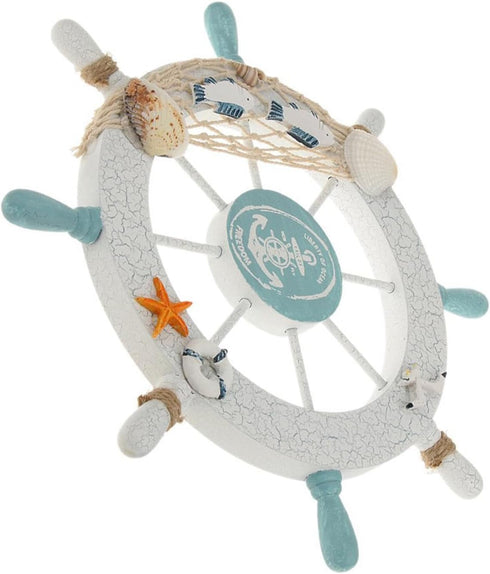 Nautical Beach Wooden Boat Ship Steering Wheel - Fishing Net Shell Fish Home Wall Décor (11" Diameter)