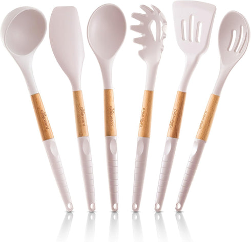 Silicone Cooking Utensils Set (6 pcs) – Natural Wood Kitchen Utensils, Eco Friendly & BPA Free, Non-Scratch, White