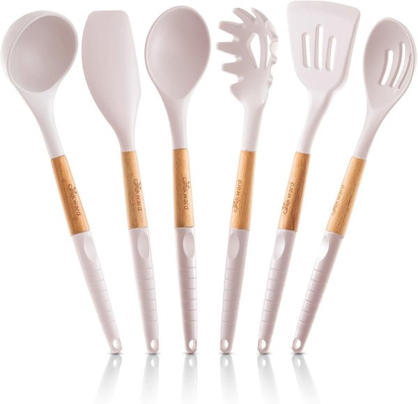 Silicone Cooking Utensils Set (6 pcs) – Natural Wood Kitchen Utensils, Eco Friendly & BPA Free, Non-Scratch, White