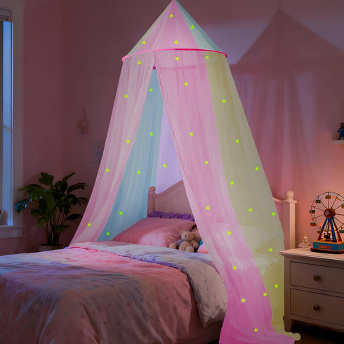 SYHITOU Rainbow Bed Canopy for Girls with Glowing Stars, Colorful Princess Canopy Bed
