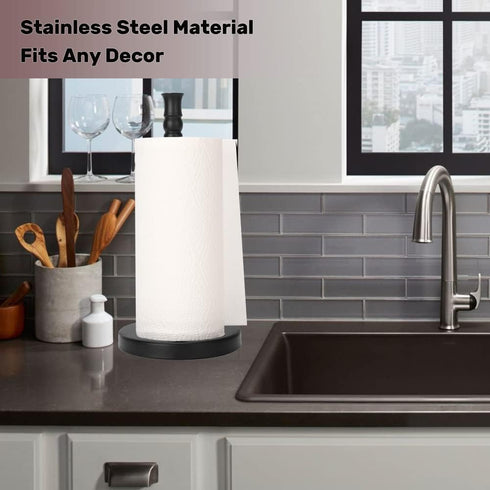 Black Paper Towel Holder Stand with Heavy Weighted Stainless Steel Base, Free Standing Holder, Matte Black