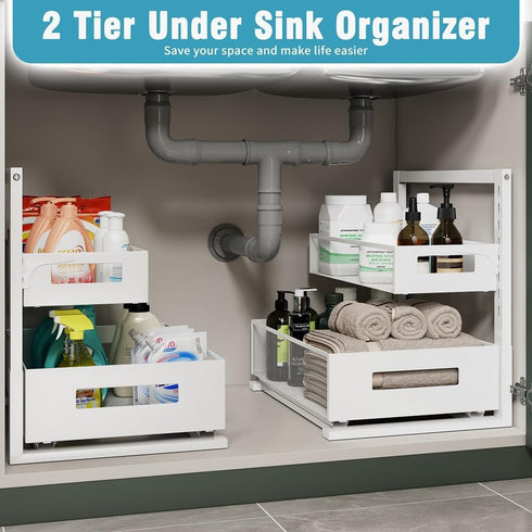 Adjustable Height Under Sink Organizer, 2 Tier Bathroom Storage, Pull Out Cabinet Organizer, White, XL - 1 Pack