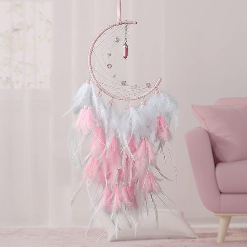 Dremisland Moon Dream Catcher with Fairy Lights-Handmade Feather Lucky Turquoise Pendant Beads Wall Hanging Ornament