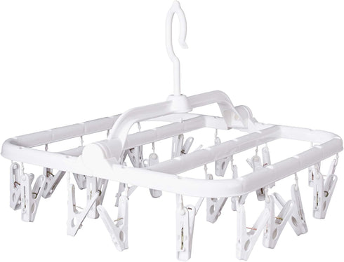 Foldable Clip Hangers with 26 Drying Clips, Plastic Laundry Clip and Drip Drying Hanger for Socks, Bras, White