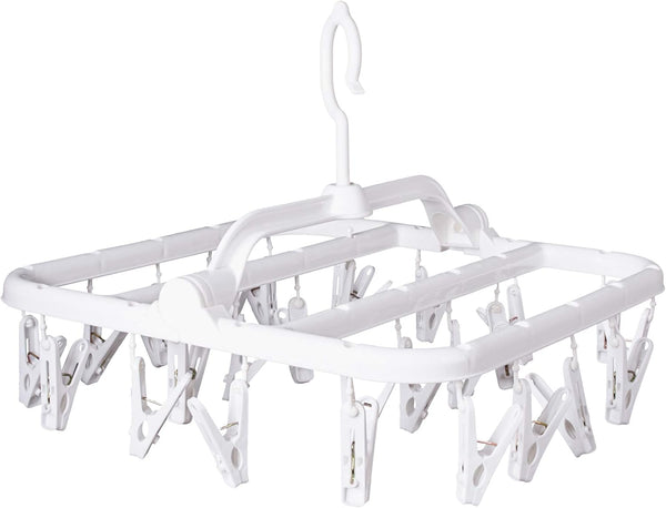 Foldable Clip Hangers with 26 Drying Clips, Plastic Laundry Clip and Drip Drying Hanger for Socks, Bras, White
