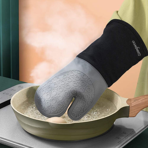 sungwoo Extra Long Silicone Oven Mitts, Heat Resistant Gloves, Non-Slip Textured Grip, 14.6 Inch Grey & Black