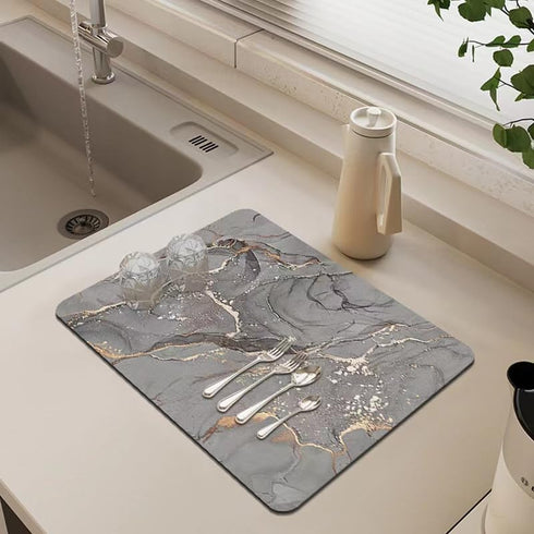 Coffee Dish Drying Mat, Absorbent Non-slip Kitchen Counter Mat (Gray Marble, 16*24)