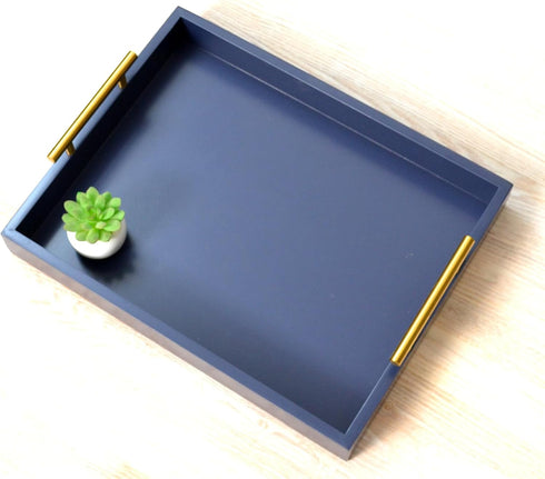 16.5X 13Deluxe 4 Serving Tray Wooden Ottoman Tray for Coffee Table with Polished Goldr Metal Handles and Coasters