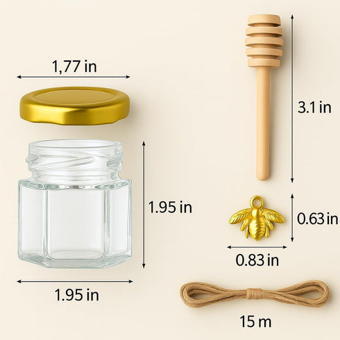 50 Pack 1.5 oz Hexagonal Glass Honey Jars in Bulk with Wooden Dipper Bee Charms Thank You Cards Burlap Fabric Twine