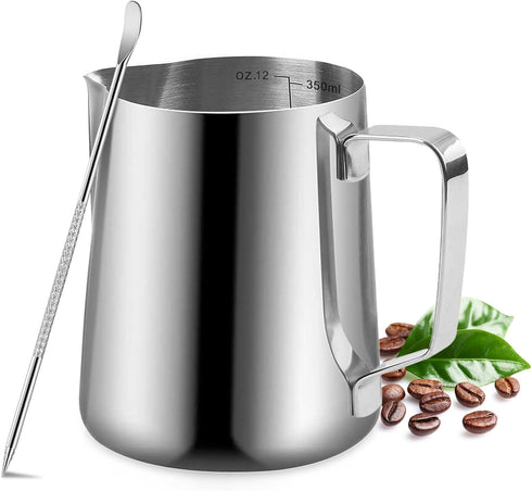 Milk Frothing Pitcher, 350ml/600ml Stainless Steel Jug for Cappuccino Latte Art, 12oz/20oz Milk Jug with Decorating Pen