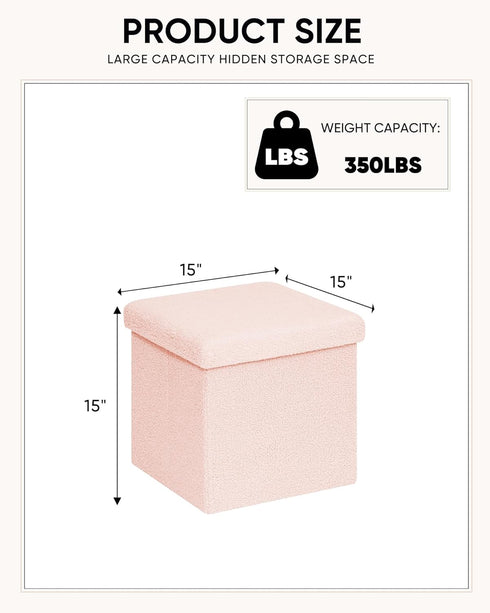 15"x15"x15" Square Ottoman with Storage, Small Sherpa Storage Ottoman Cube, Boucle Folding Foot Rest for Dorm, Living