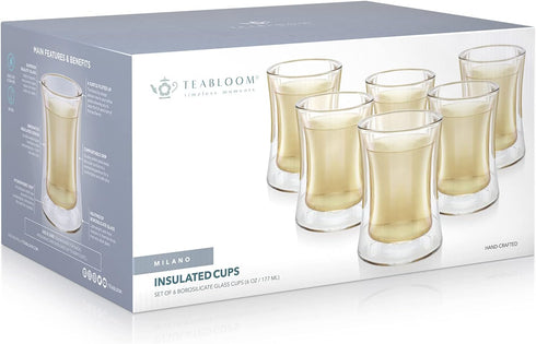 Set 6 (6 oz 177 ml) Teabloom Modern Insulated Turkish Tea Glasses - of Double Walled Glass Teacups /
