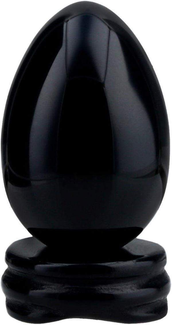 mookaitedecor Black Obsidian Crystal Egg Polished Gemstone Figurines with Stand