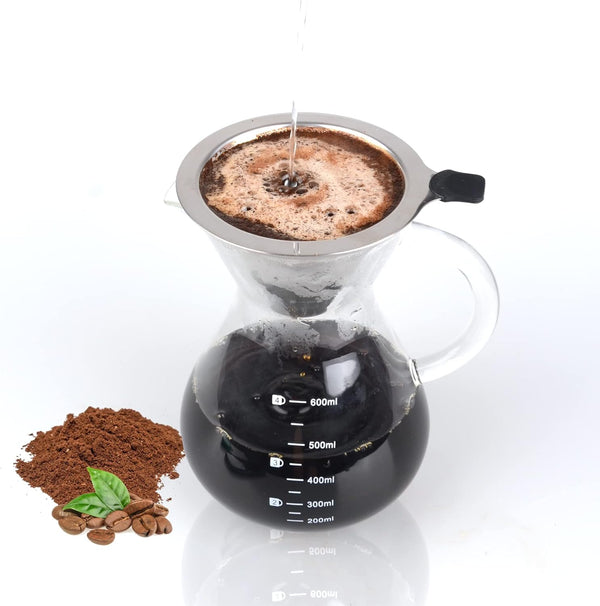 T-mark Pour Over Coffee Maker, 600ml/20oz, Reusable Double-layer Stainless Steel Filter, BPA-Free Glass Coffee Carafe