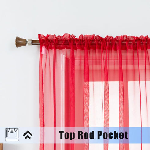 WPM Red Sheer Curtains, 58" Wide x 84" Long, 2 Panels Living Room Window Treatment Rod Pocket Sheer Voile