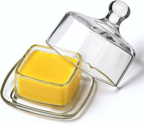 2 Pack ZOOFOX Glass Butter Dish, Small Glass Butter Keeper with Lid and Easy Grip Handle, Clear Butter Serving Storage