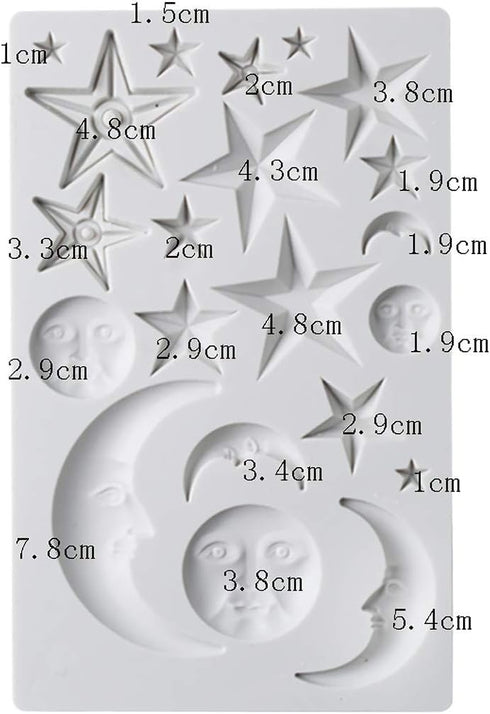 Moon Stars Sun Face Silicone Fondant Mold, Chocolate Candy Gumpaste Tool for Cake Decorating, Epoxy Resin DIY