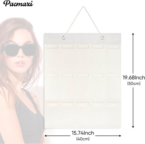 PACMAXI Sunglasses Storage Organizer, Wall Pocket Mounted Eyeglasses Holder, Hanging Eyewear Display (Ivory White, 15