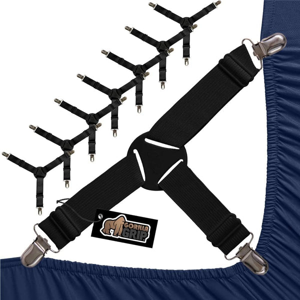 Gorilla Grip Bed Sheet Straps, Adjustable Elastic Fasteners with Metal Clips, 8 Pack Black