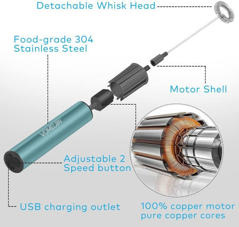 Milk Frother, Rechargeable Battery Operated Frother for Coffee, Portable Drink Mixer with 2 Stainless Steel Whisk Heads