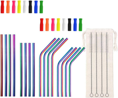 Lazycorner 16 Pcs Short Metal Straw - 6mm 5.5" 6.5" Kids Reusable Straws with Silicone Tips and Cleaner, Rainbow
