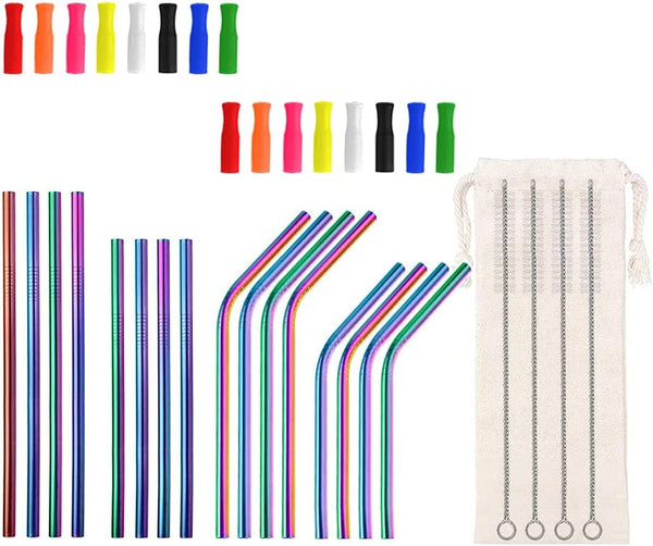 Lazycorner 16 Pcs Short Metal Straw - 6mm 5.5" 6.5" Kids Reusable Straws with Silicone Tips and Cleaner, Rainbow