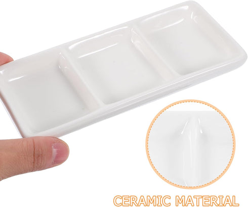 BESTonZON 3 Compartment Ceramic Dipping Bowls, 6 inch Rectangular Divided Plate for Sushi, Candy, Tomato Sauce