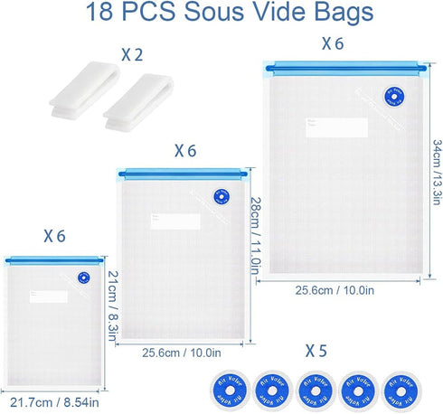 Sous Vide Bags 25Pcs, Reusable BPA Free Vacuum Sealer Bags Vacuum Food Storage Bags for Cooking/Food Storage/Microwave Heating - 3 Size 18Pcs Vacuum Zipper Bags & 5 Air Valves & 2 Seal Clips by FIRAWER
