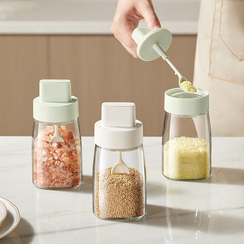 Kitchen Sodium Calcium Glass Spice Jars Seasonning Box Set of 3, Condiment Pots Spice Jars, Retractable Spoon and Lid Combination Design, Airtight Cap 9.7oz Green