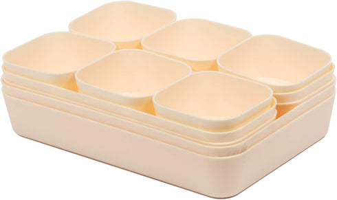 Backerysupply Set of 12 Beige Plastic Desk Drawer Organizers, Makeup Bathroom Office Kitchen Vanity Storage Box