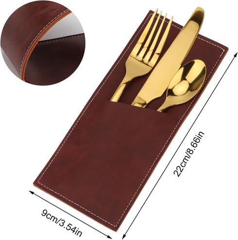 Leather Cutlery Sleeve Utensil Holders Pouch Bags Knife and Fork Silverware Sleeves for Mother's Day Valentine's Day Table Decorations 2 Pcs (Red brown/Wine red) by Brosay