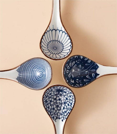 Ceramic Ramen Spoons Set of 4, 6.5 Inch Asian Soup Spoon, Japanese Spoons for Kitchen, Pho, Dumpling