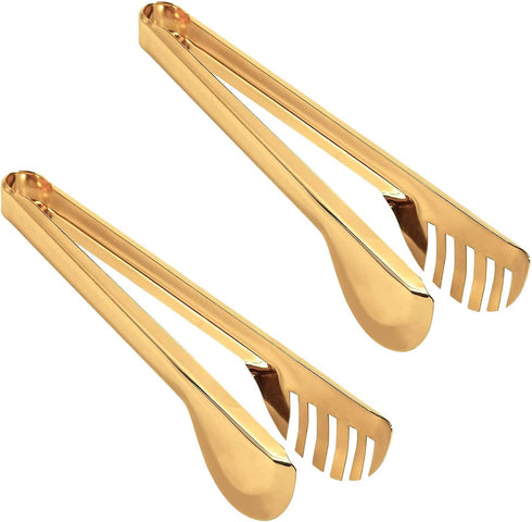2-Pack Stainless Steel Gold Salad Tongs, 9.5 Inch Non-Slip & Easy Grip Smart Locking Clip Handy Utensil for Cooking,