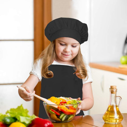 Kids Adjustable Cotton Apron and Chef Hat Set, Large Pocket Black Bibs for Cooking Baking Painting