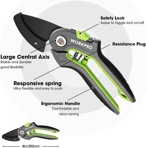 WORKPRO Anvil Pruning Shears, 8’’ Professional Hand Pruner with SK5 Steel Blades for Gardening