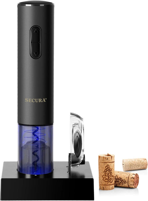 Secura Automatic Electric Wine Opener, Rechargeable Corkscrew with Foil Cutter (Black)