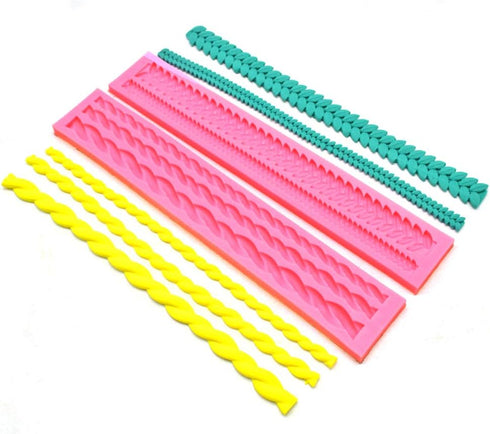Rope & Leaf Strip Cake Border Molds, Silicone Cupcake Fondant Decorating Tools, Pack of 2