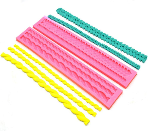 Rope & Leaf Strip Cake Border Molds, Silicone Cupcake Fondant Decorating Tools, Pack of 2