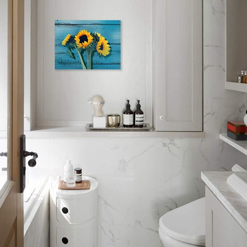 Rustic Bathroom Decor, Sunflower Themed Farmhouse Wall Art, Teal Canvas Framed Artwork for Modern Home 12x16