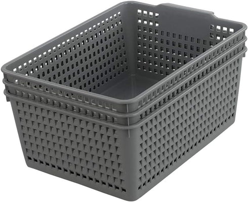 Gloreen 3 Pack Large Plastic Storage Baskets, Multipurpose Organizer Baskets in Grey